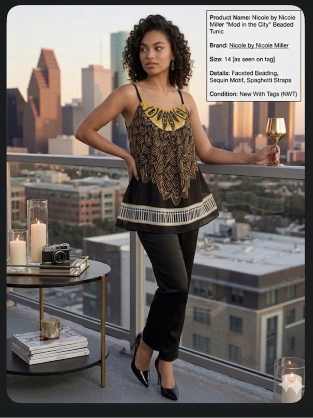 NWT Nicole Miller Mod in the City Beaded Tunic Size 14 Curry Yellow Black
